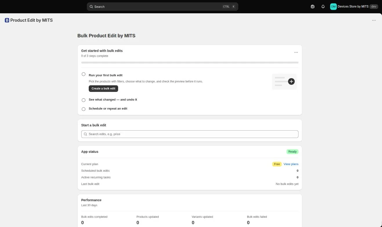 Bulk Product Edit by MITS dashboard inside the Shopify admin