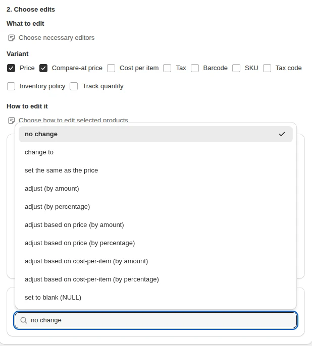 Compare-at price actions including set the same as the price and set to blank