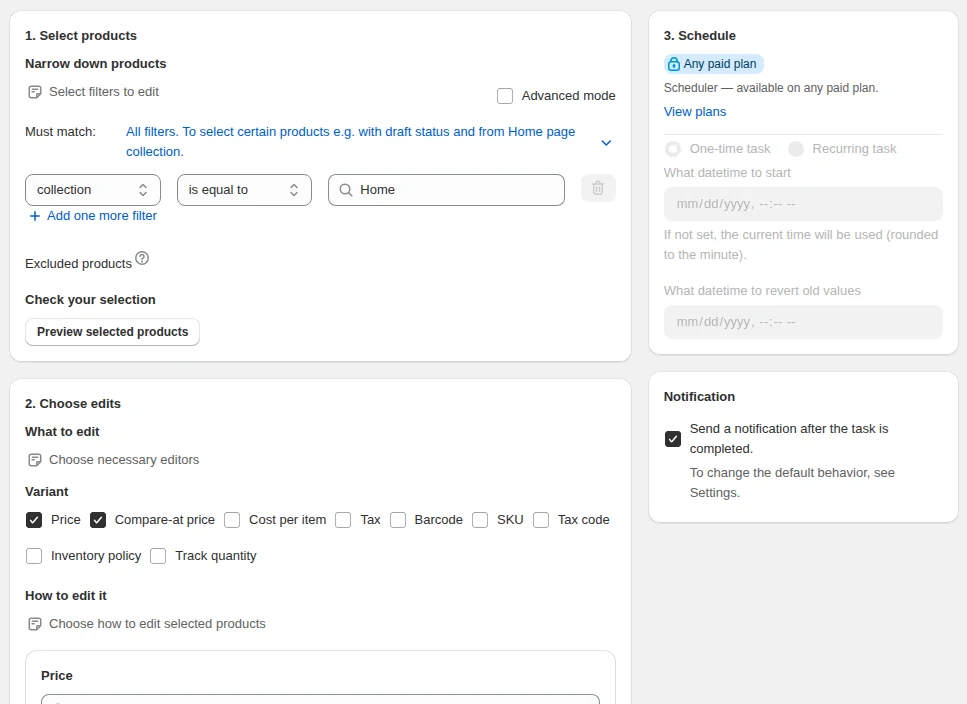 New task: product filters, variant editors and the scheduler panel