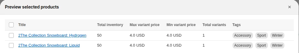 Preview of the products selected by the filters before the task runs