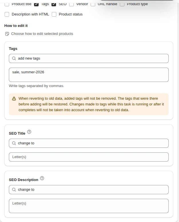 Tags editor adding sale and summer-2026, with SEO title and description editors