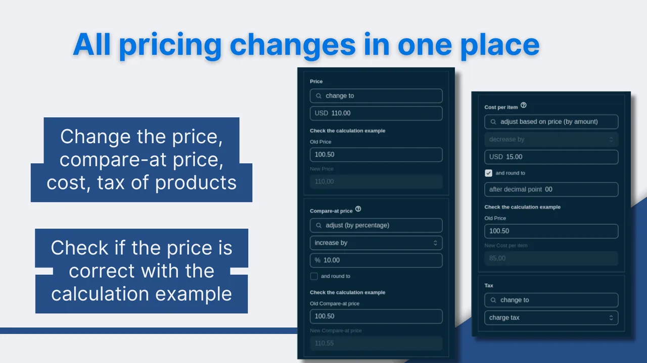 Editing price, compare-at price, cost and tax in Bulk Product Edit by MITS