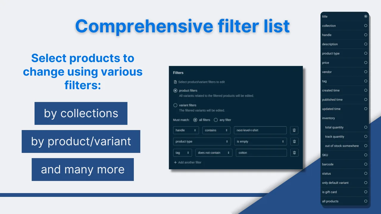 Product and variant filters in Bulk Product Edit by MITS